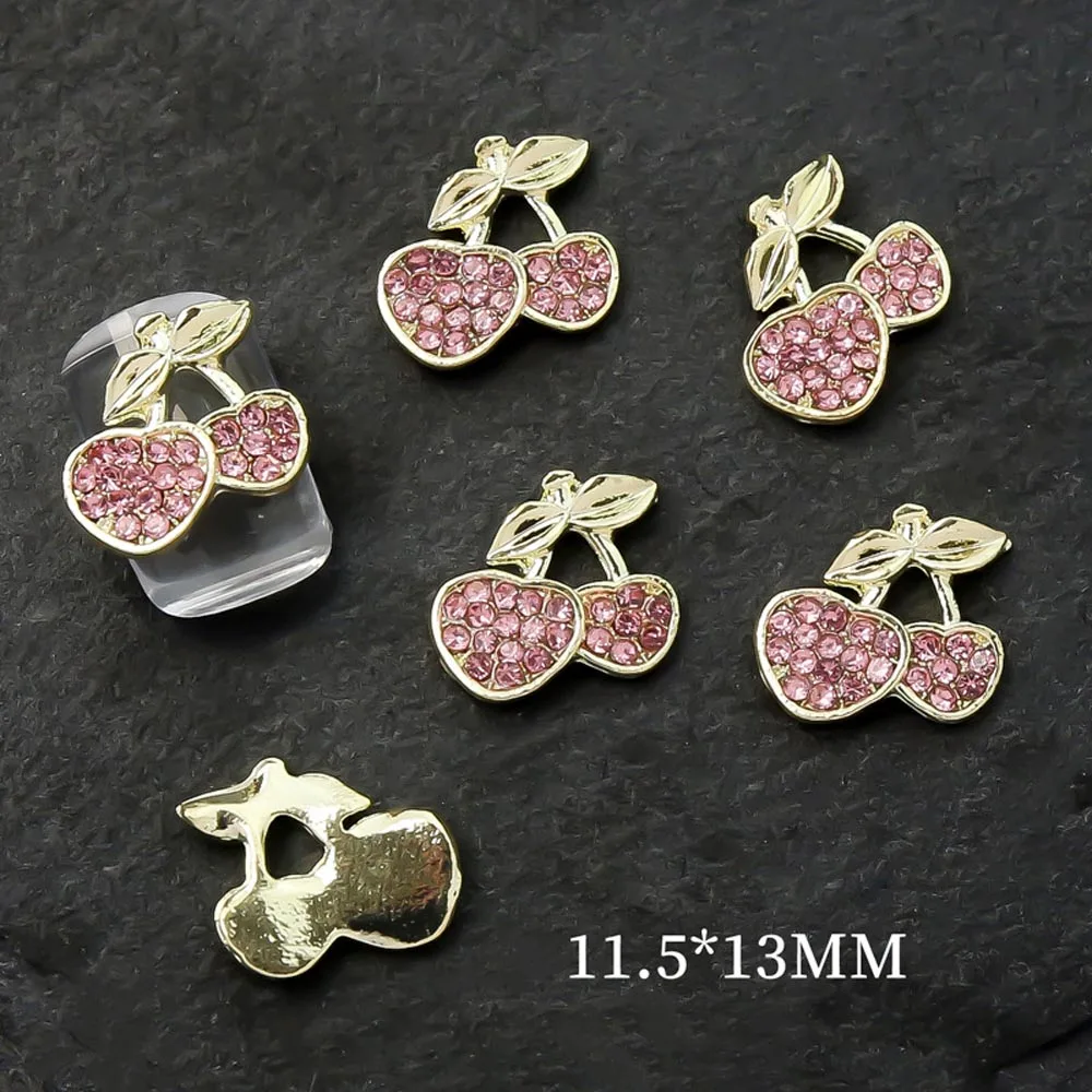 10Pcs/lot 3D Alloy Cherry Nail Charms Luxury Nail Parts Gems Crystal Rhinestones Pink/Red/Silver Stone Nail Art Decorations