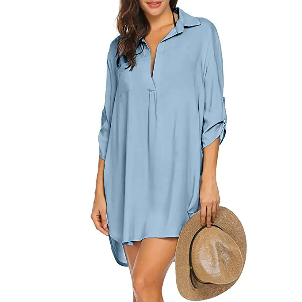 

Casual Shirt Dress Solid Color V-neck Shirt Dress Loose Fit Three-quarter Sleeve Beach Cover-up with Side Slit Summer Dress