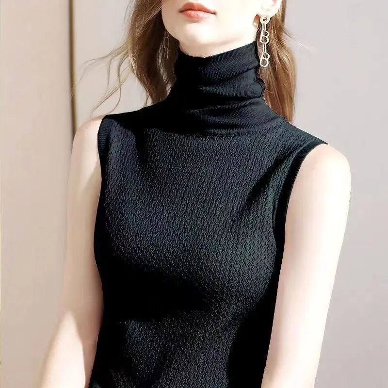 All\'ingrosso senza maniche dolcevita Top gilet Base Slim pullover donna 2023 nuova primavera autunno corto solido sottile lavorato a maglia Top