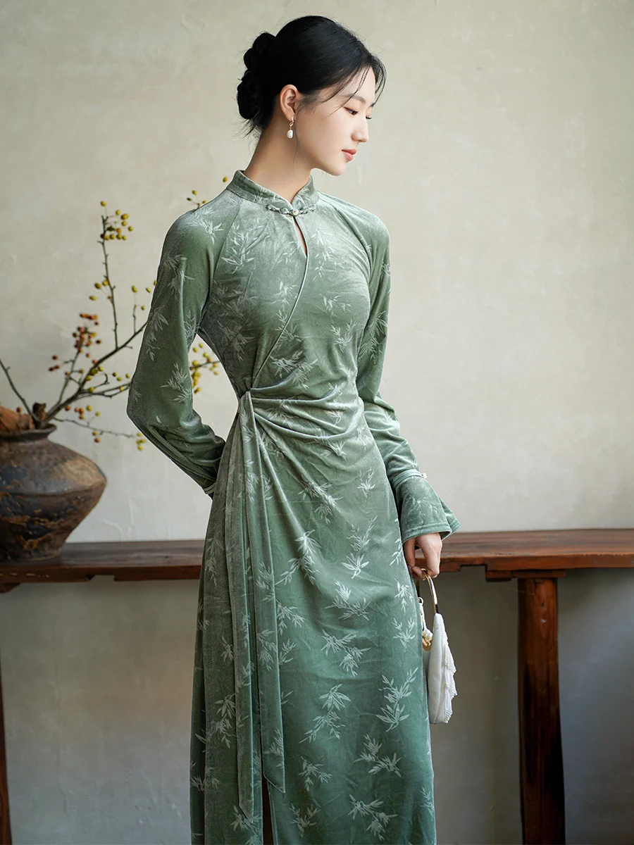 

Осень-зима бархатное женское платье с высокой талией и воротником-стойкой в китайском стиле Long Sve Retro Faion