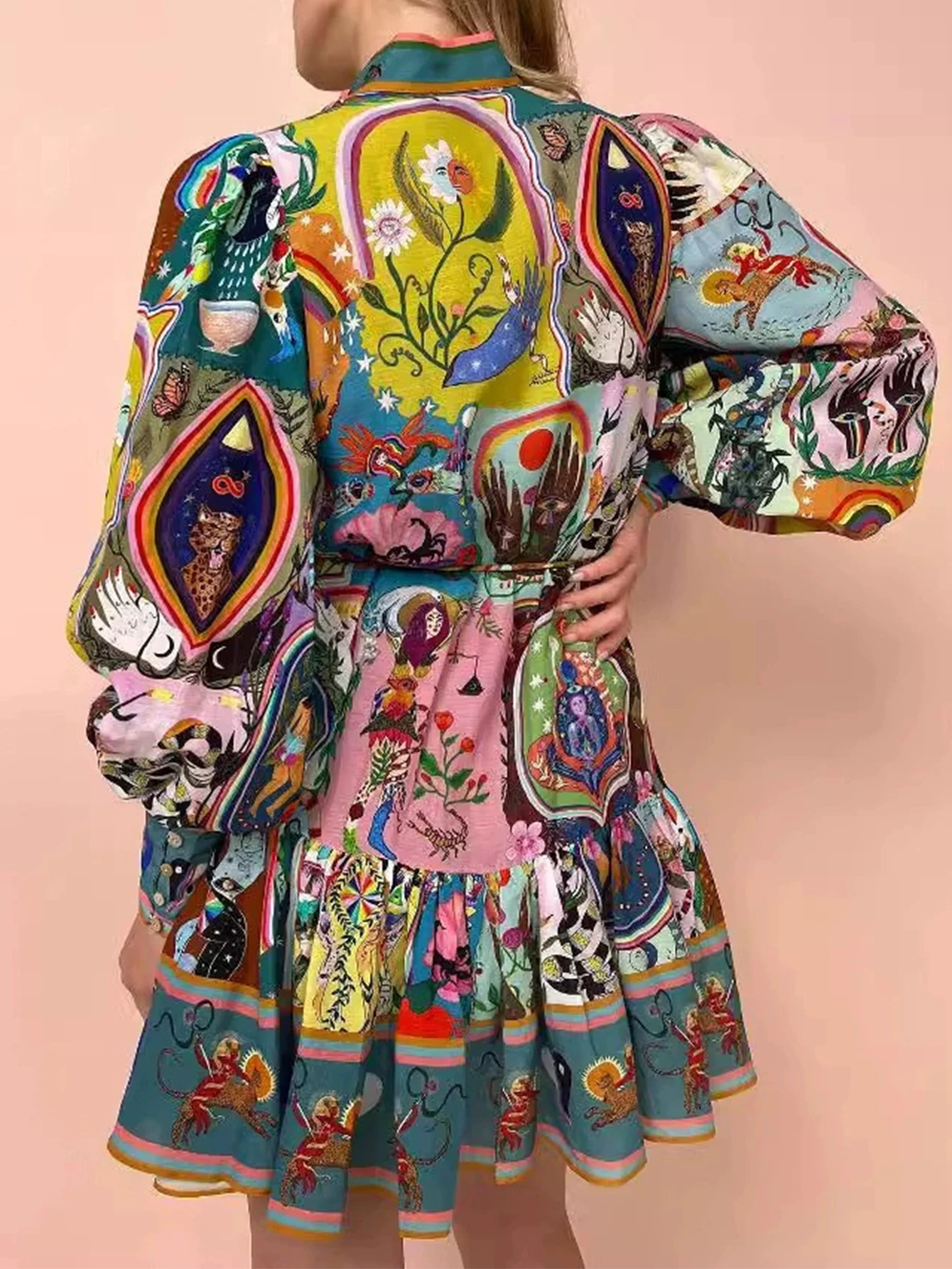 여성용 풀 프린트 긴팔 셔츠 칼라 드레스 K-패션 버튼 디테일 봄 여름 휴가 허리 조임