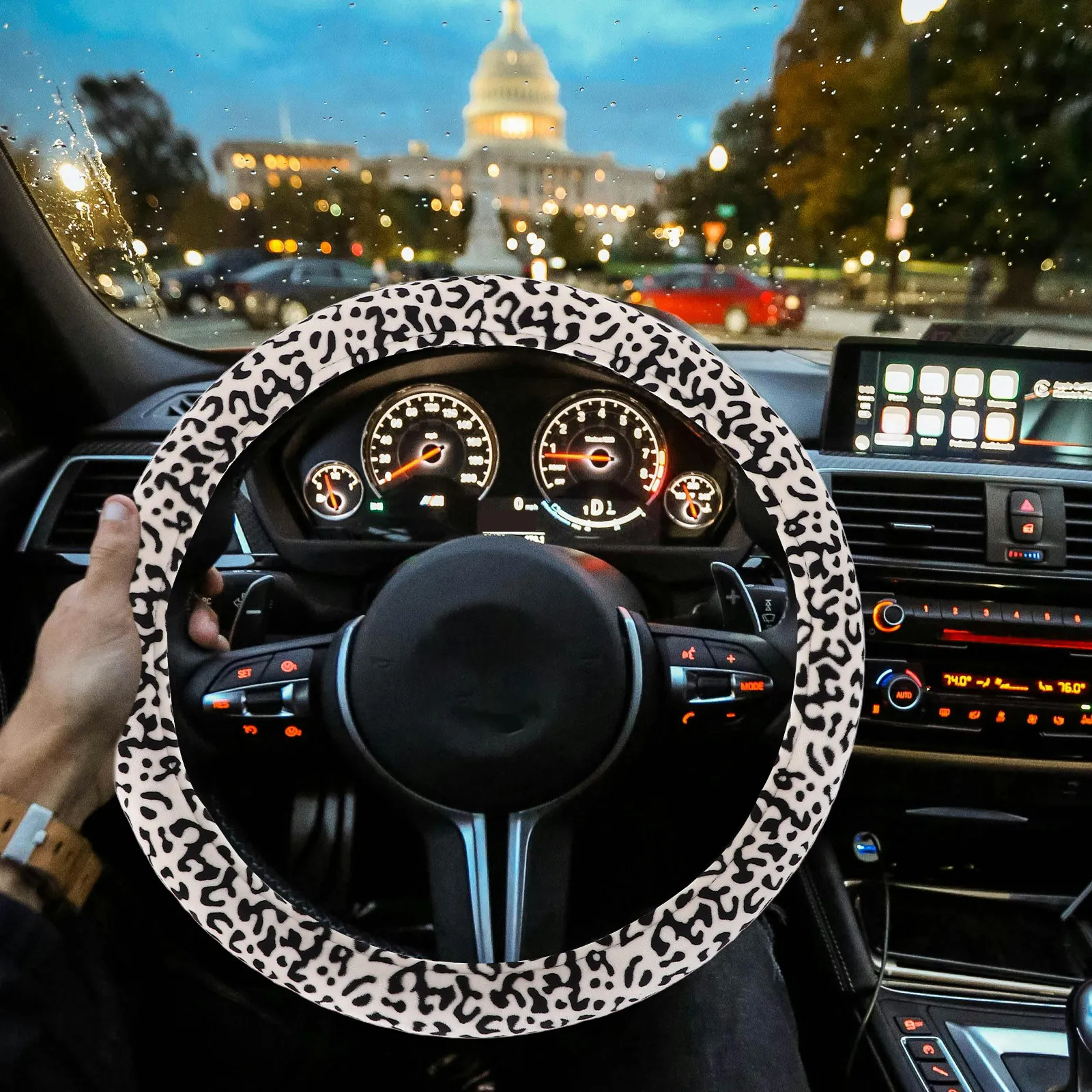 Universal Car Steering Wheel Cover Leopard Pattern Non Slip Warm Winter Steering Wheel Wrap Protector Breathable Sweat Absorbent