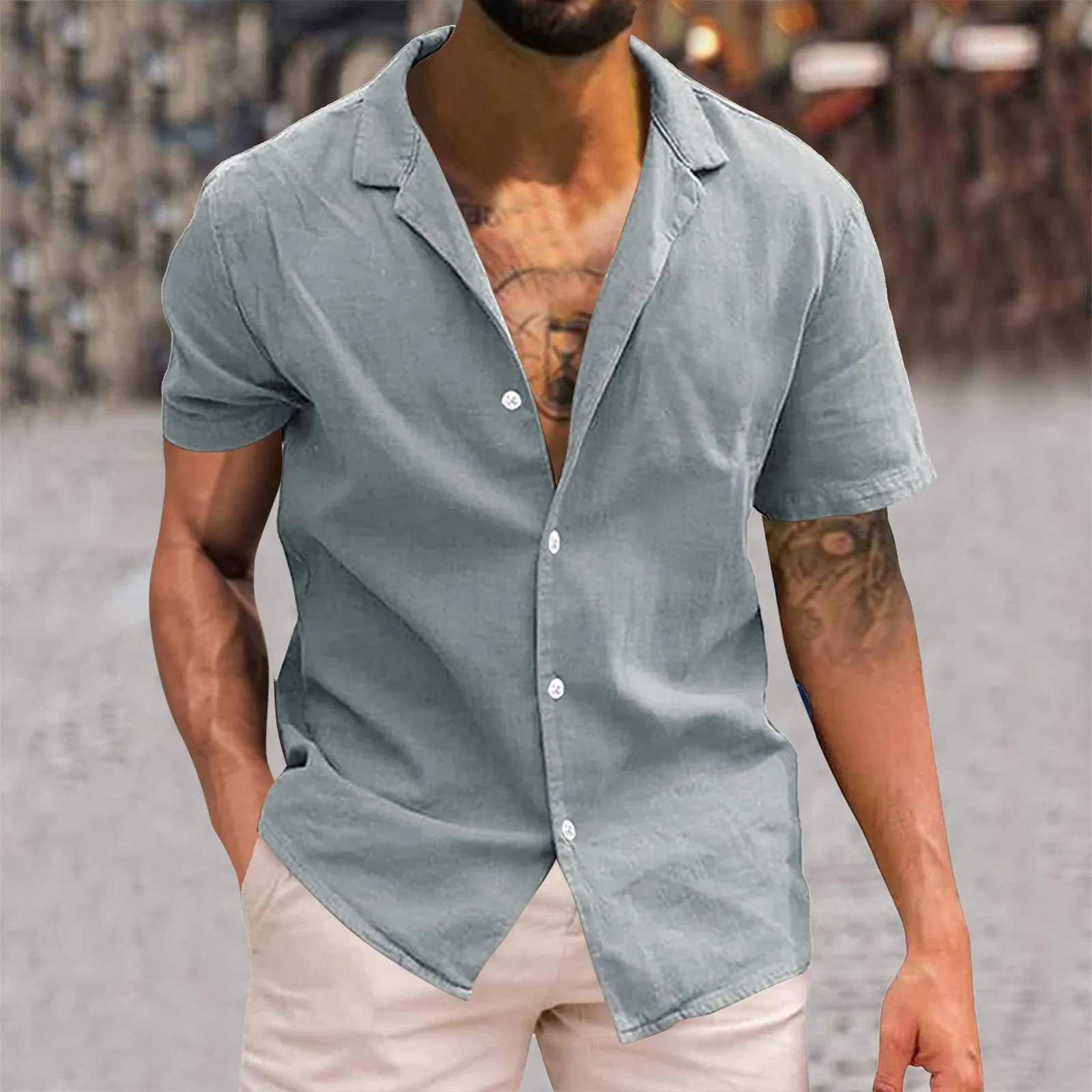 Camicia Hawaii stile spiaggia nera Top manica corta colletto rovesciato Camicetta con bottoni in cotone e lino Camicia ampia da uomo stile viaggio da lavoro