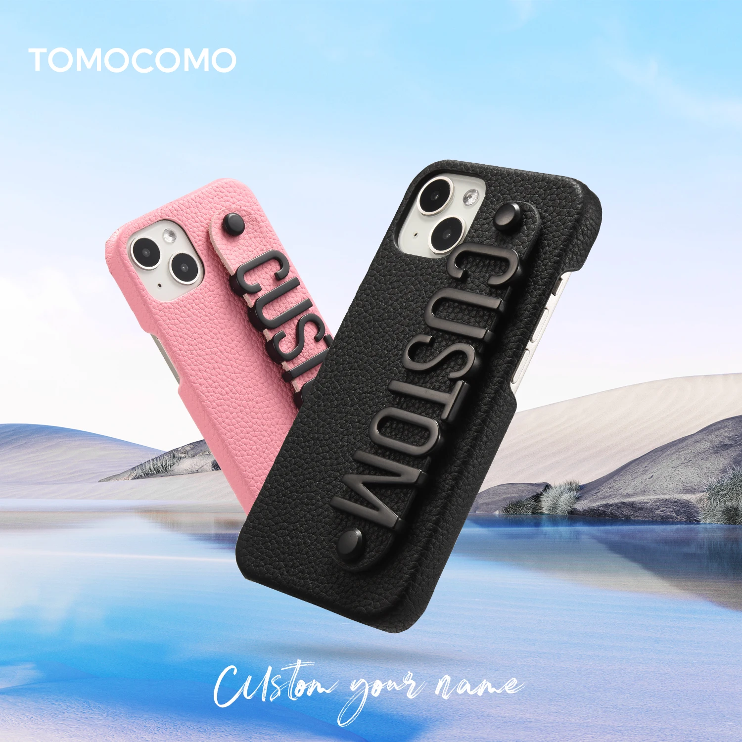 Tomocomo-Genuine Leather Cowhide Custom Name Phone Case Black Big Metal Letter iPhone 15 14 14Pro Max 13 12 11