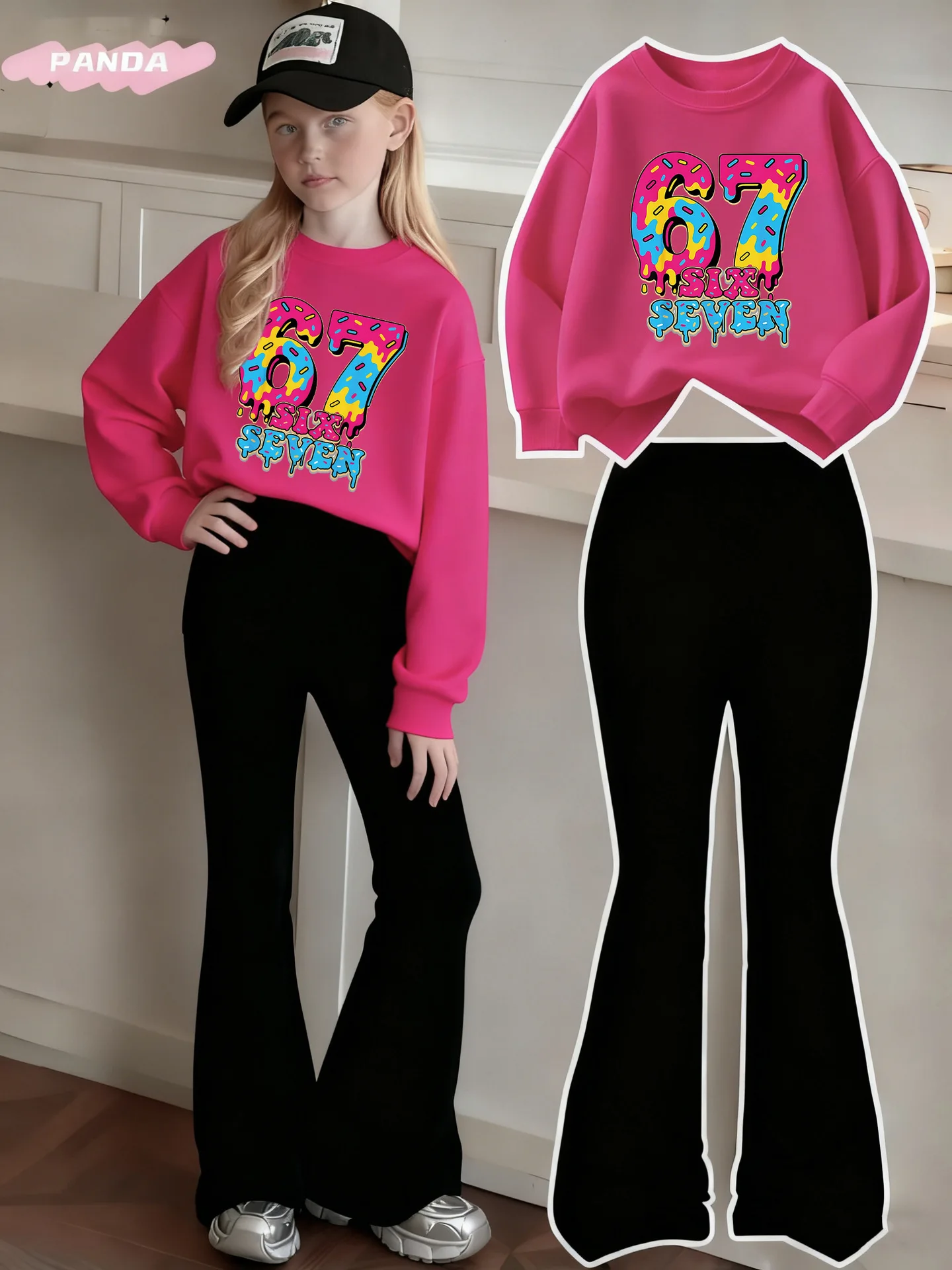 Ins Children's Clothing Girls' 2-Piece Set & Girls' Printed Long-Sleeved Sweatshirt + Bell-Bottom Pants 67 Numbers + English Letter Print Set Black + White Rose Red Black Pullover Sweatshirt Set