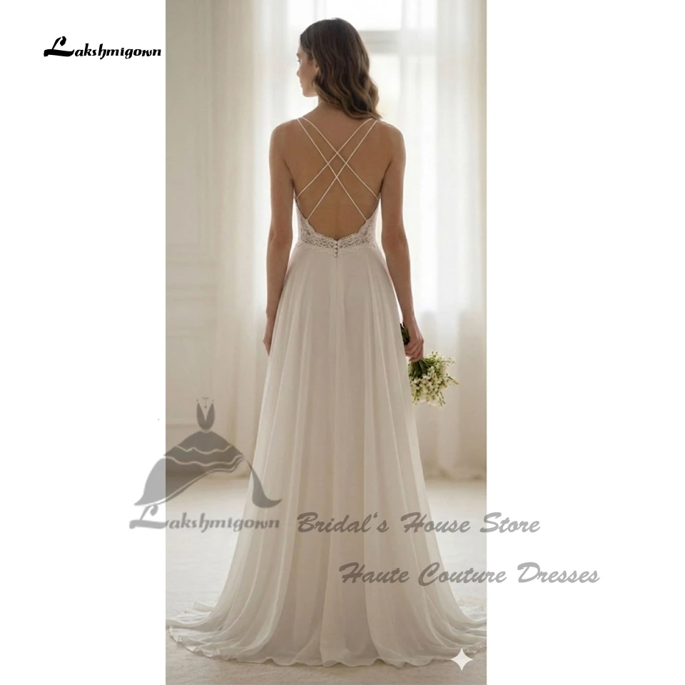Lakshmigown Sexy Chiffon Langes Strand-Hochzeitskleid 2026 Maßgeschneiderte A-Linie Spitzen-Brautkleider V-Ausschnitt Spaghettiträger – Detail 3