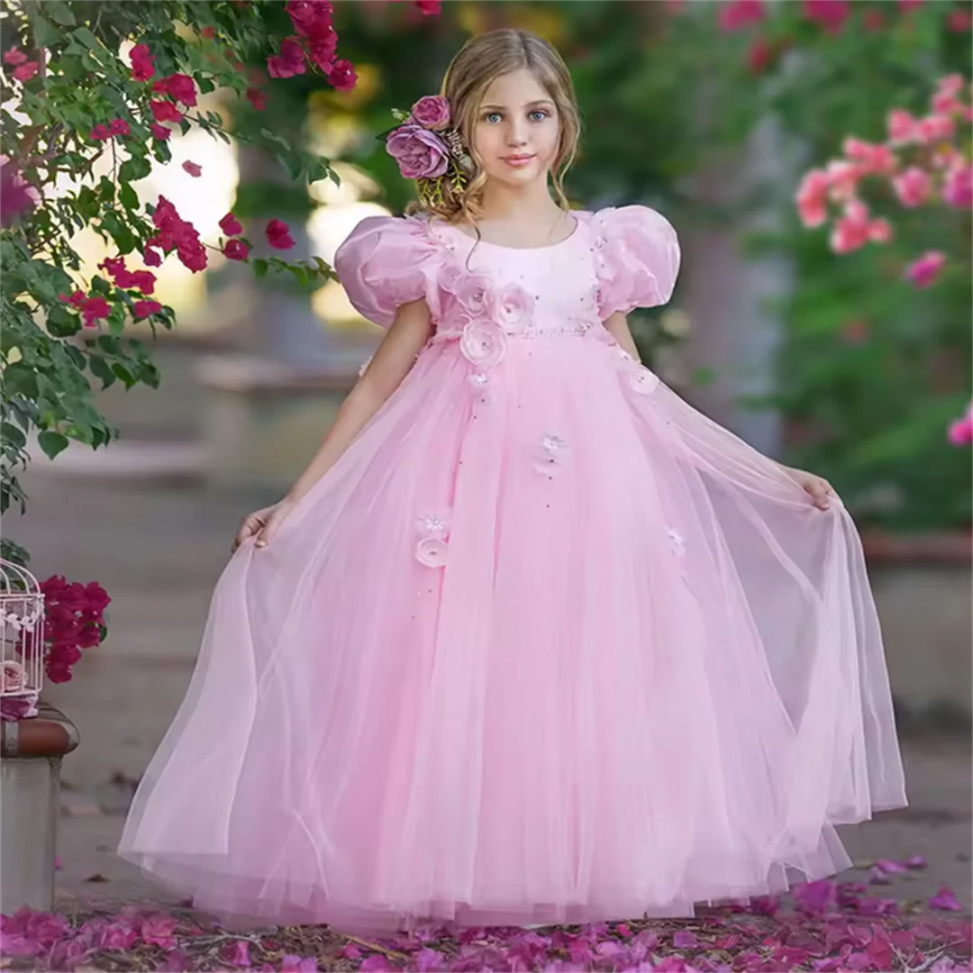 Vestidos florais árabes rosa personalizados para meninas, cristal com capa, flores 3d, mangas bufantes para crianças, casamento, festa de aniversário