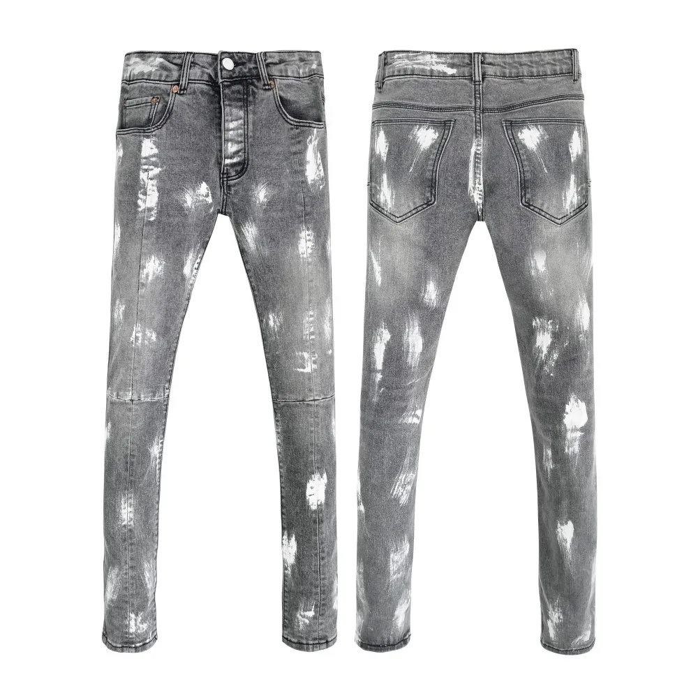 

Men Jeans Fashion American High Street Retro Wash Distressed Splashing ink graffiti Low Rise Elastic Skinny Ripped patch Jeans