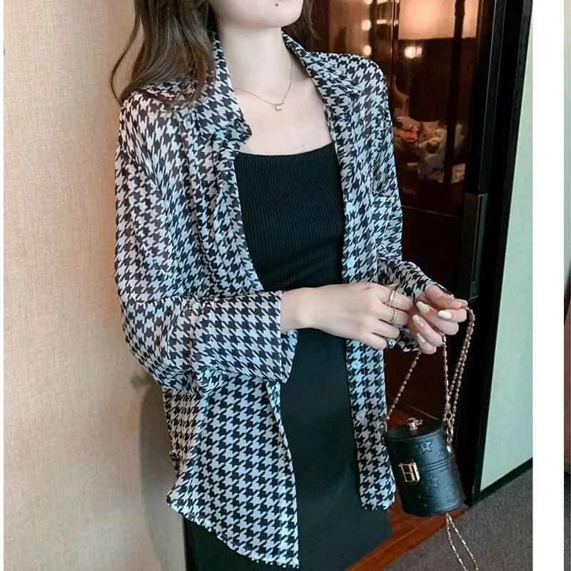 여성용 폴로 칼라 긴팔 셔츠, 하이 스트리트 캐주얼 단추 가디건, 우아한 프린팅 얇은 스타일 상의, 용수철 여름 신상 패션