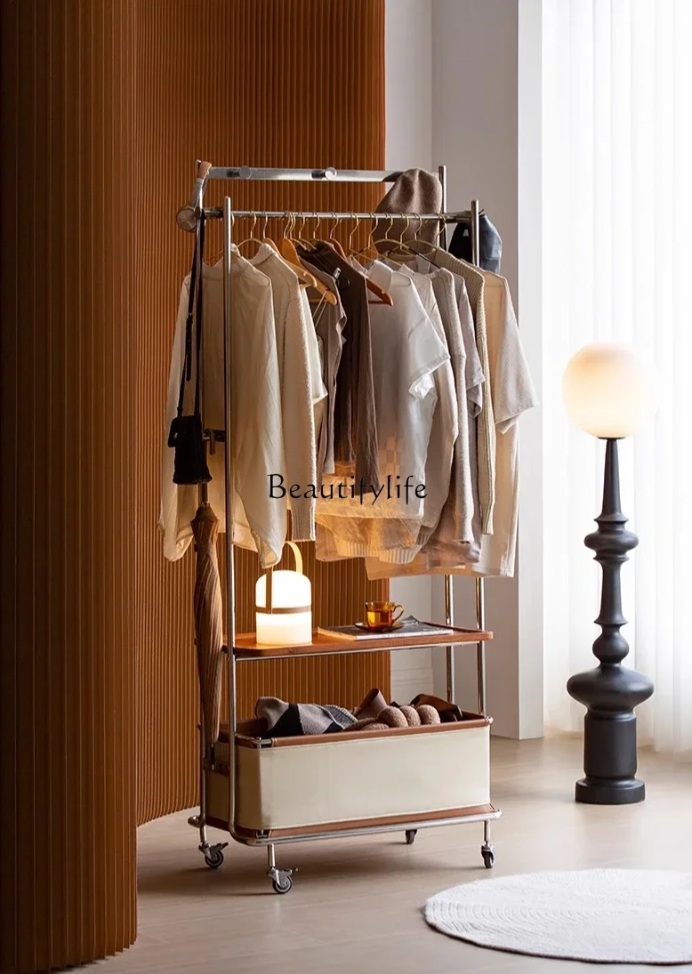 

FG10*Solid wood coat rack Floor-to-ceiling mobile hanger Bedroom small stainless steel hanging object