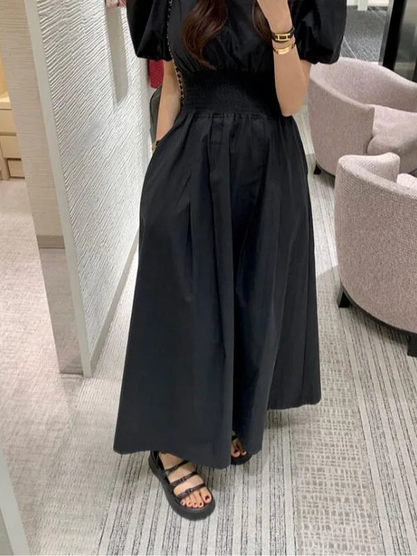 Dongda Gate Summer New Style Elegant Goddess Waist-Cinching Bubble Sleeve Dress Super Fairy Tale Light Maturity Long Dress