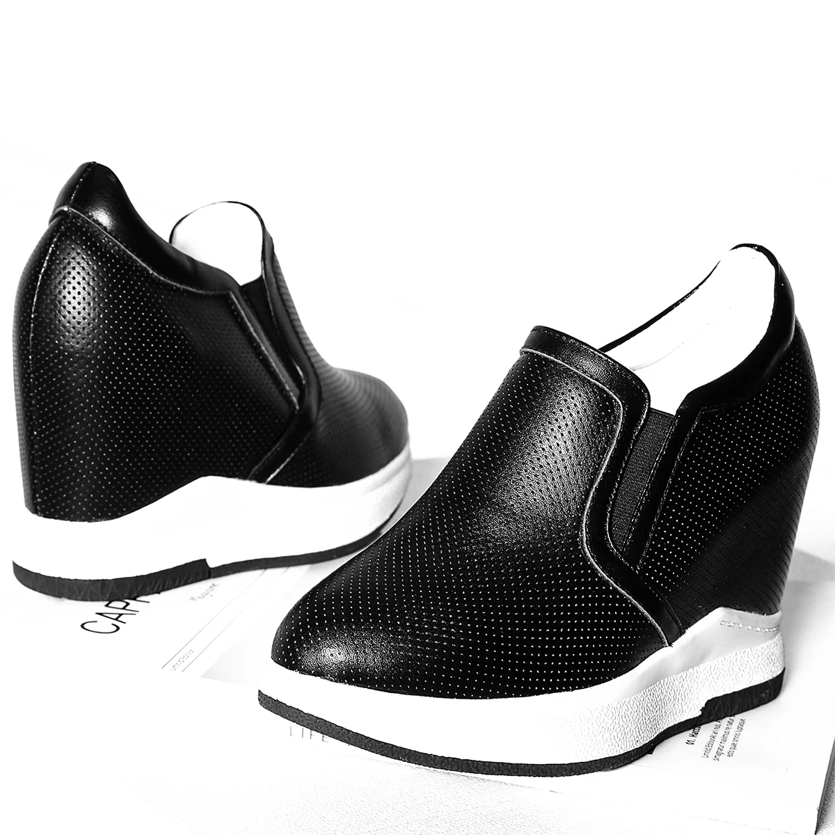 Platform Pumps Plus Size Shoes Women Genuine Leather Wedges High Heel Vulcanized Shoes Female Round Toe Sneakers Big Size Shoes