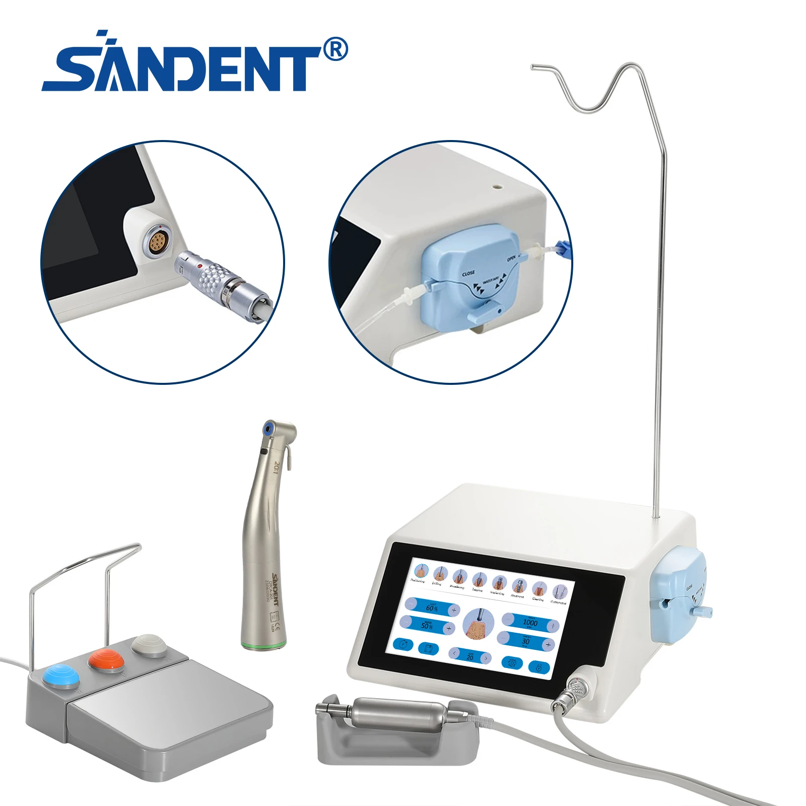 Dental Surgical Brushless Implant Motor System LED Touch Screen+20:1 Fiber Optic Contra Angle Handpiece Push