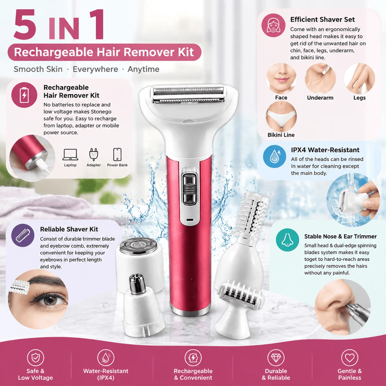 Electric 5 in 1 Hair Removal Shaver Trimmer Razor for Eyebrow Nose Face Body Underarm Leg Bikini Line Gentle Epilator Shaving Machine Rechargeable USB Compact Design Beauty Grooming Tool