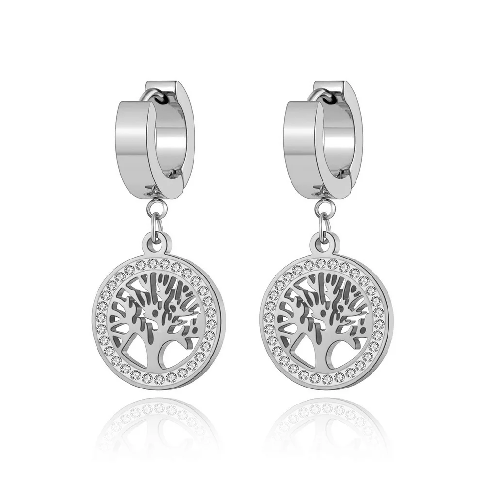 Lokaer 18K Gold Stainless Steel Bohemia Party Hoop Earrings Fashion CZ Crystal Tree Earrings Jewelry For Women Серьги E21029