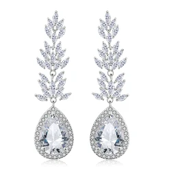 Luxury Sliver Color Water Drop Long Dangle Earrings for Women Elegant Leaf AAA Cubic Zirconia Bridal Wedding Jewelry