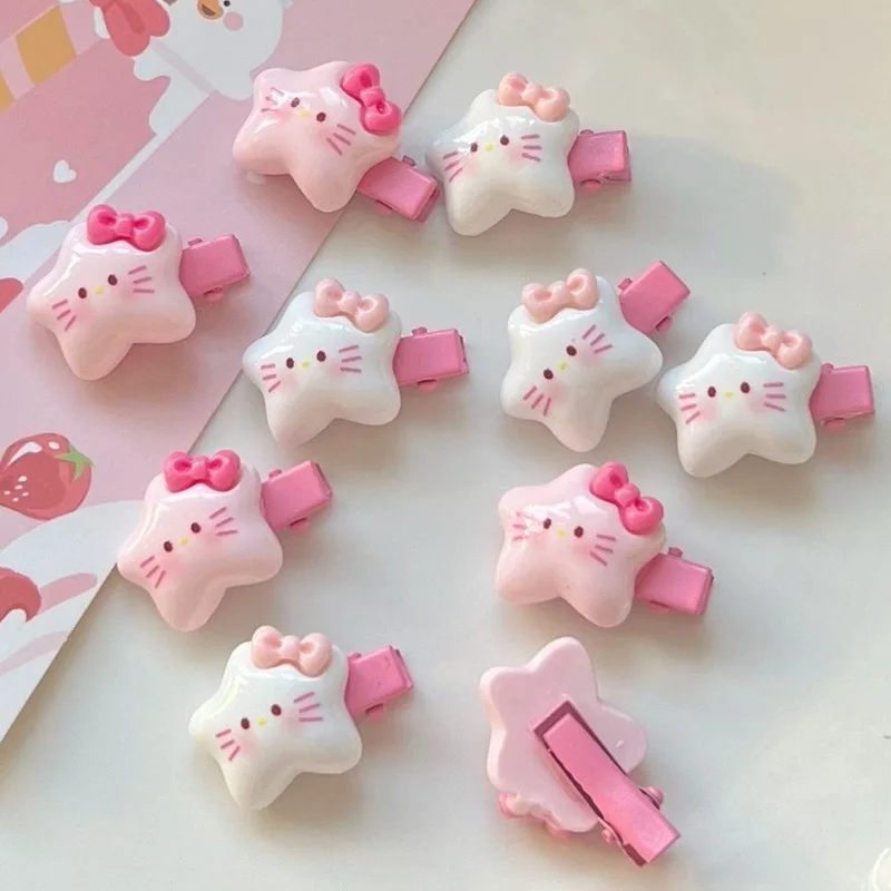 Sanrio Y2k Hello Kittys Cartoon Kids Hairpin Kawaii Girl Heart Versatile Anime Five Pointed Star Children Hair Decor Toys Gifts