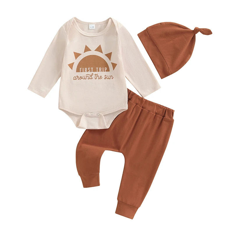 

Newborn Toddler Baby Boys Clothes Set Long Sleeve Crew Neck Sun Print Romper with Sweatpants and Hat Fall Outfit