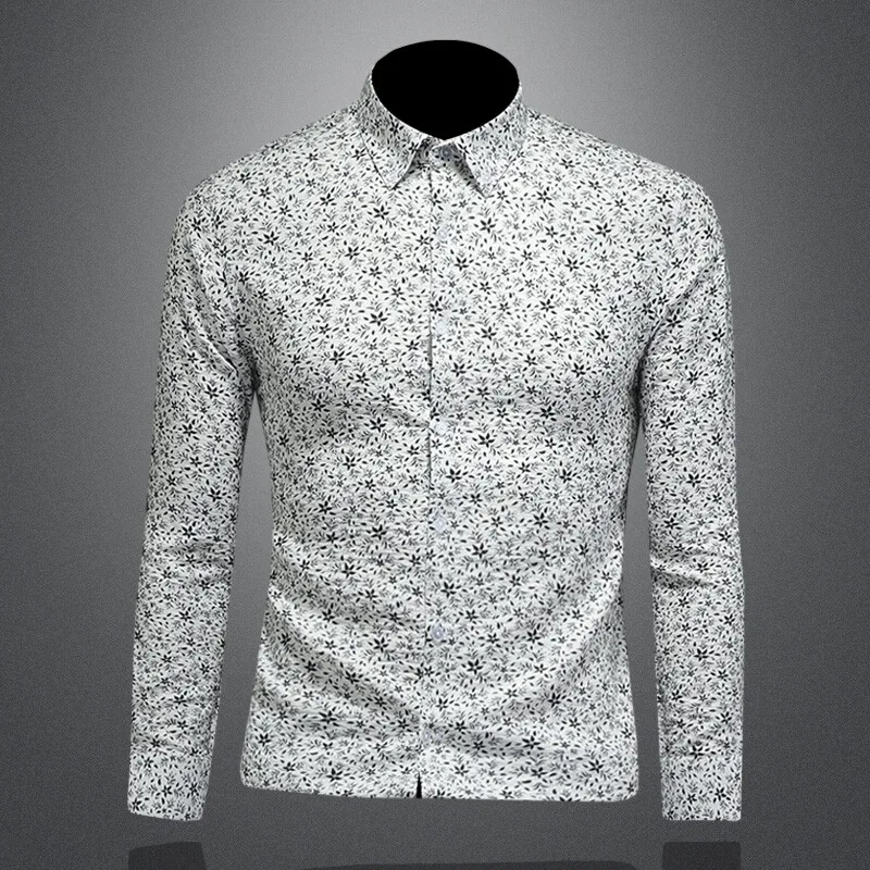 

Мужская рубашка большого размера с длинным рукавом и принтом, осенняя новинка, повседневная, брендовая, не требует глажки, черно-белая с цветочным узором