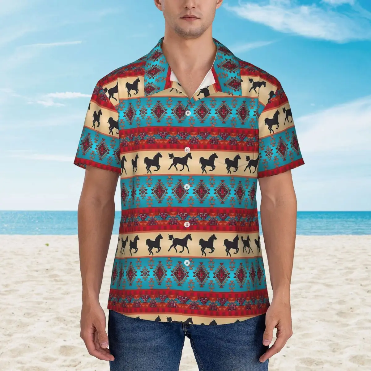 Tribal Horse Vacation Shirt Vintage Print Summer Casual Shirts Men Trendy Blouses Short Sleeve Comfortable Custom DIY Clothing