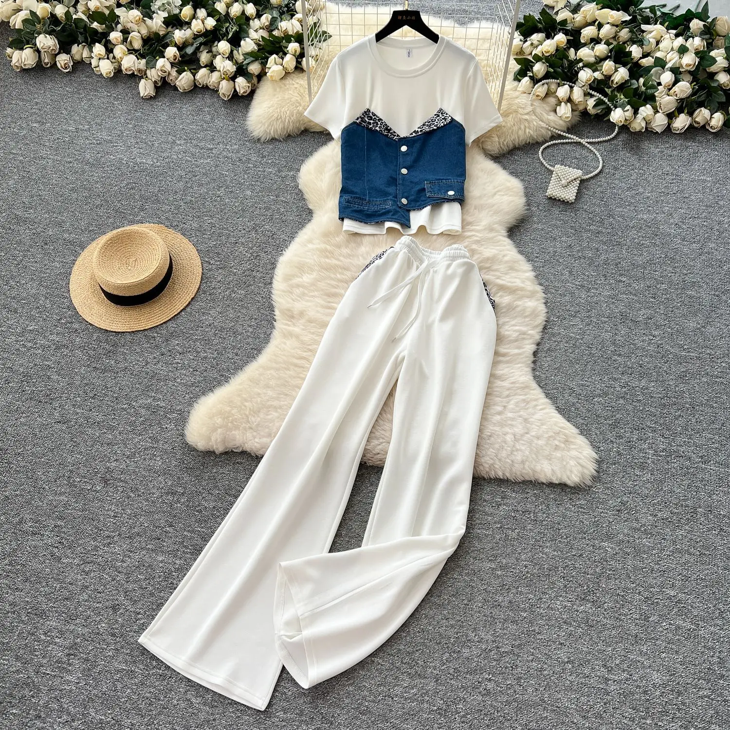 

Pant Set Women Two Piece Sets Round Neck Short Sleeve Tops Wide Leg Long Pants Lace Up Elastic Waist Y2k Streetwear Work