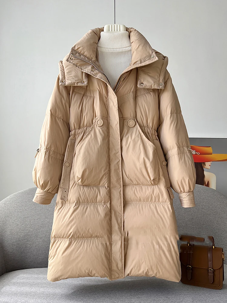 الشتاء مقنعين طويلة الصلبة أسفل سترة المرأة الأبيض بطة أسفل باركر طول الركبة السترات الإناث جيب كبير الدافئة الرباط أبلى