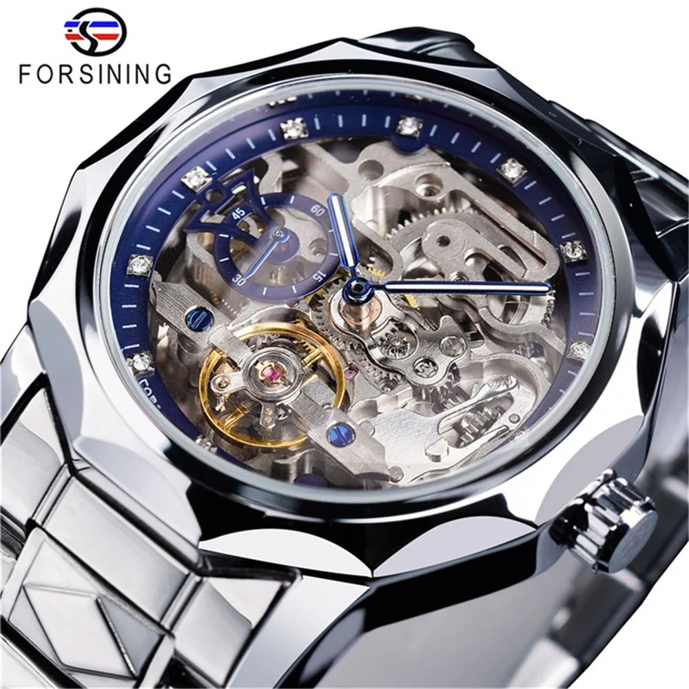 Forsining 199A With Box Luxury Design Skeleton Transparent Golden Stainless Steel Mens Automatic Mechanical Male Watch Limited