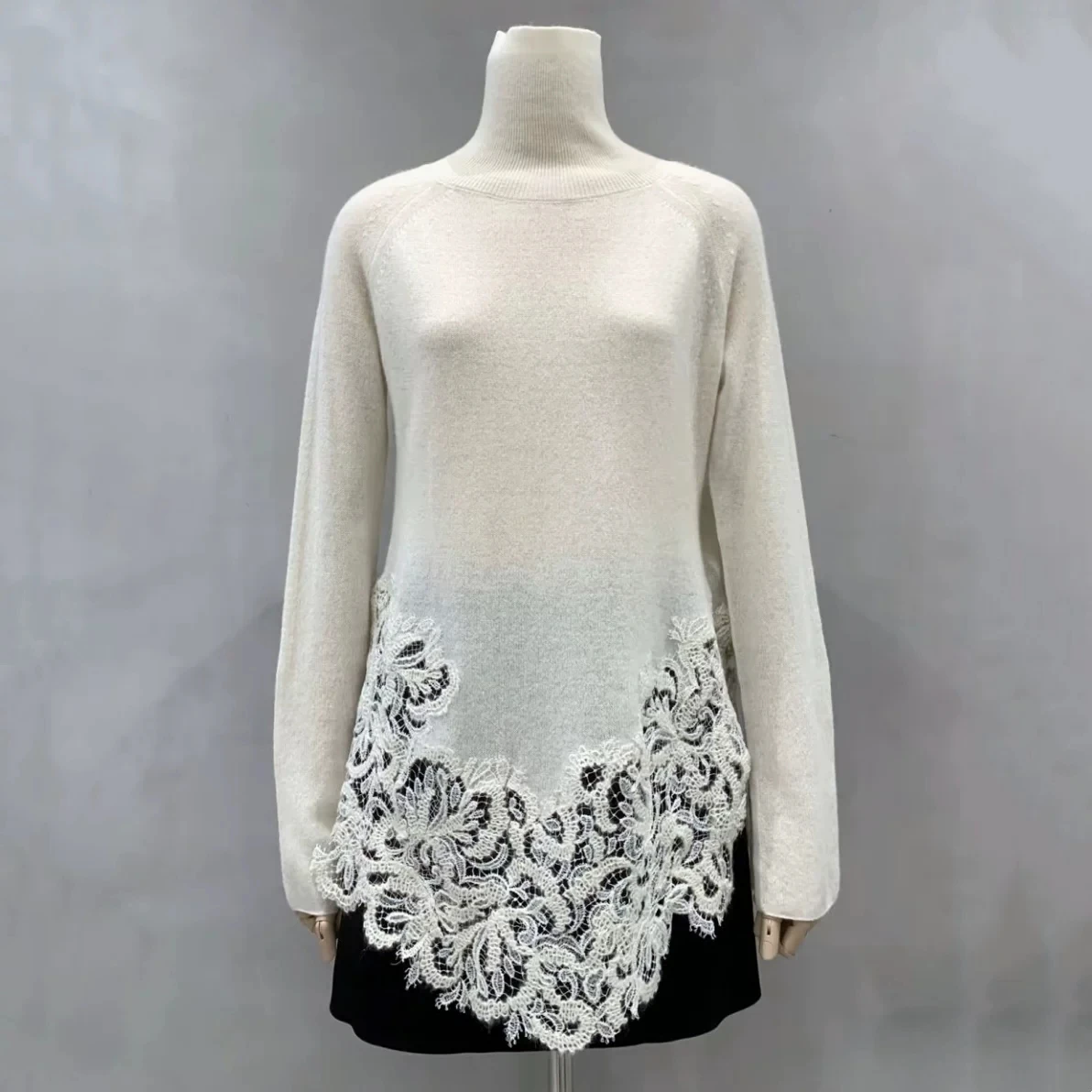 Elegant Gray White Pink Black 100% Cashmere Sweater For Women Turtleneck Long Sleeve Hollow Out Floral Lace Embroidery Knitwear