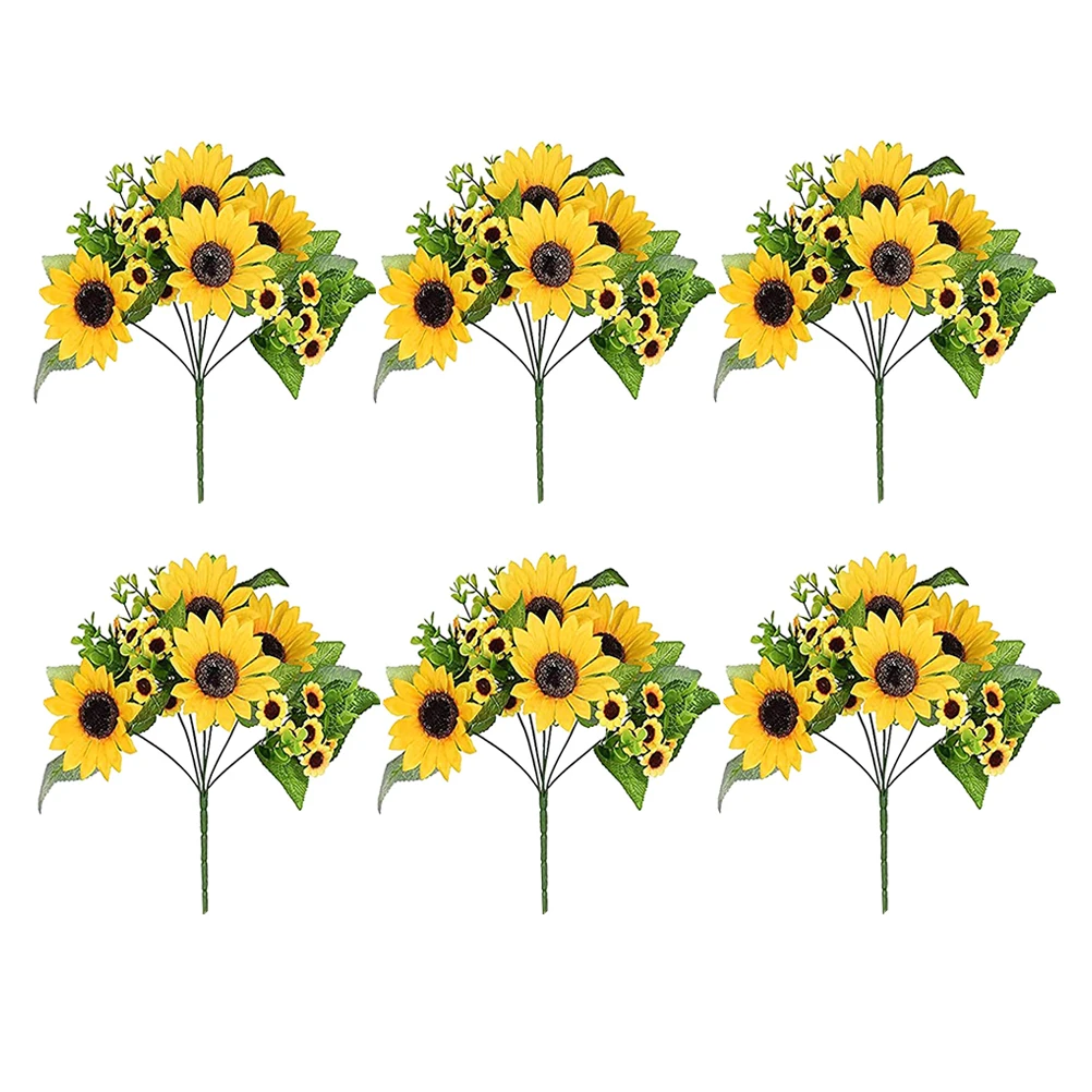

6 Pcs Sunflower Bouquets Simulation Decorative Flowers Artificial Silk Plants Home Wedding Party Photography Props Long Lasting