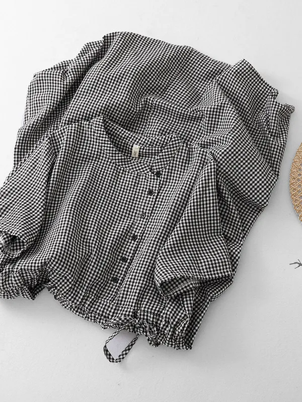 High-End plus Size Women's Dress Vintage Design Sensation Atmosphere Woven Checkered Short Sleeve Long Dress