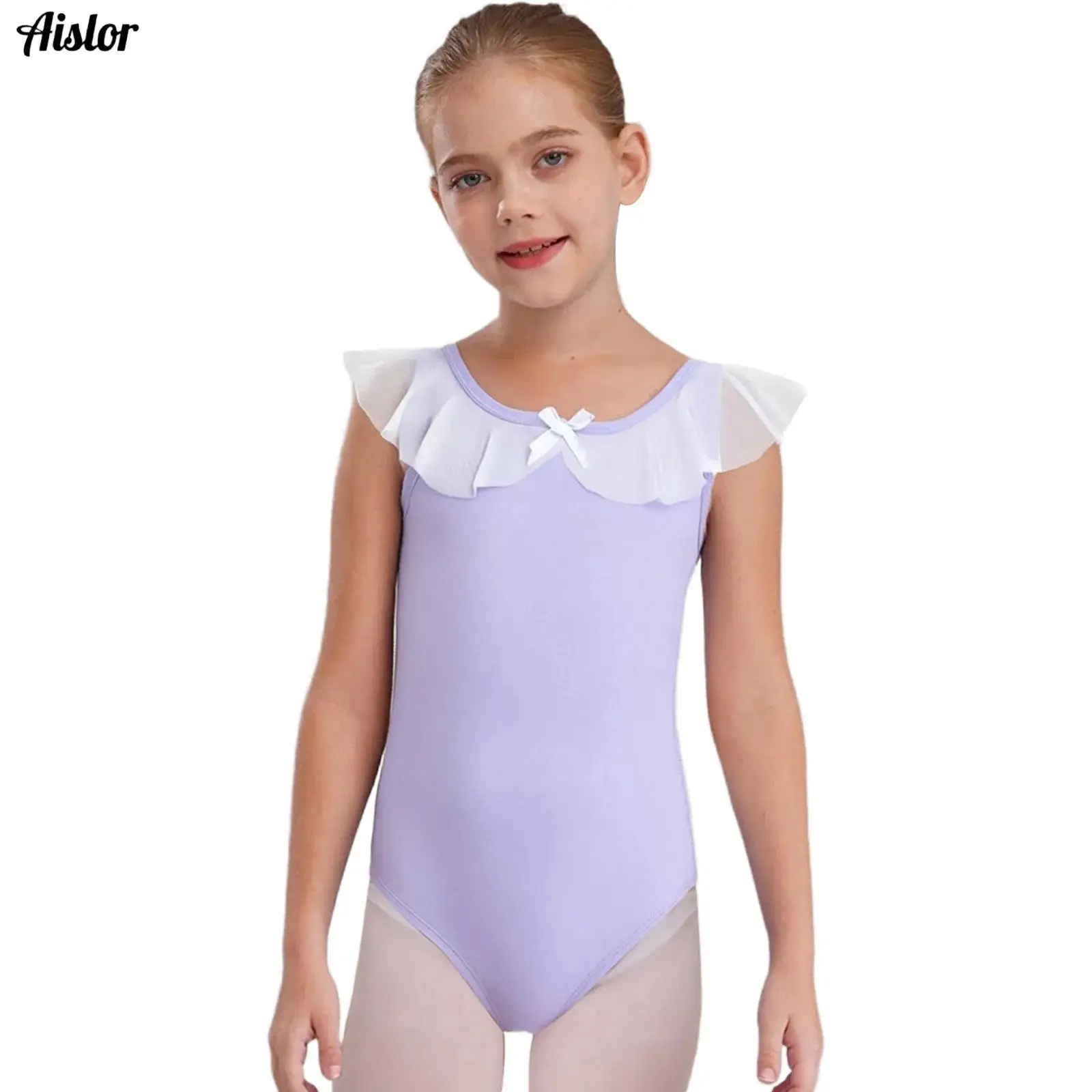 

Kids Girls Professional Ballet Leotard Lace Mesh Ruffles Sleeveless Backless Bodysuit for Gymnastics Dance Practice Performance