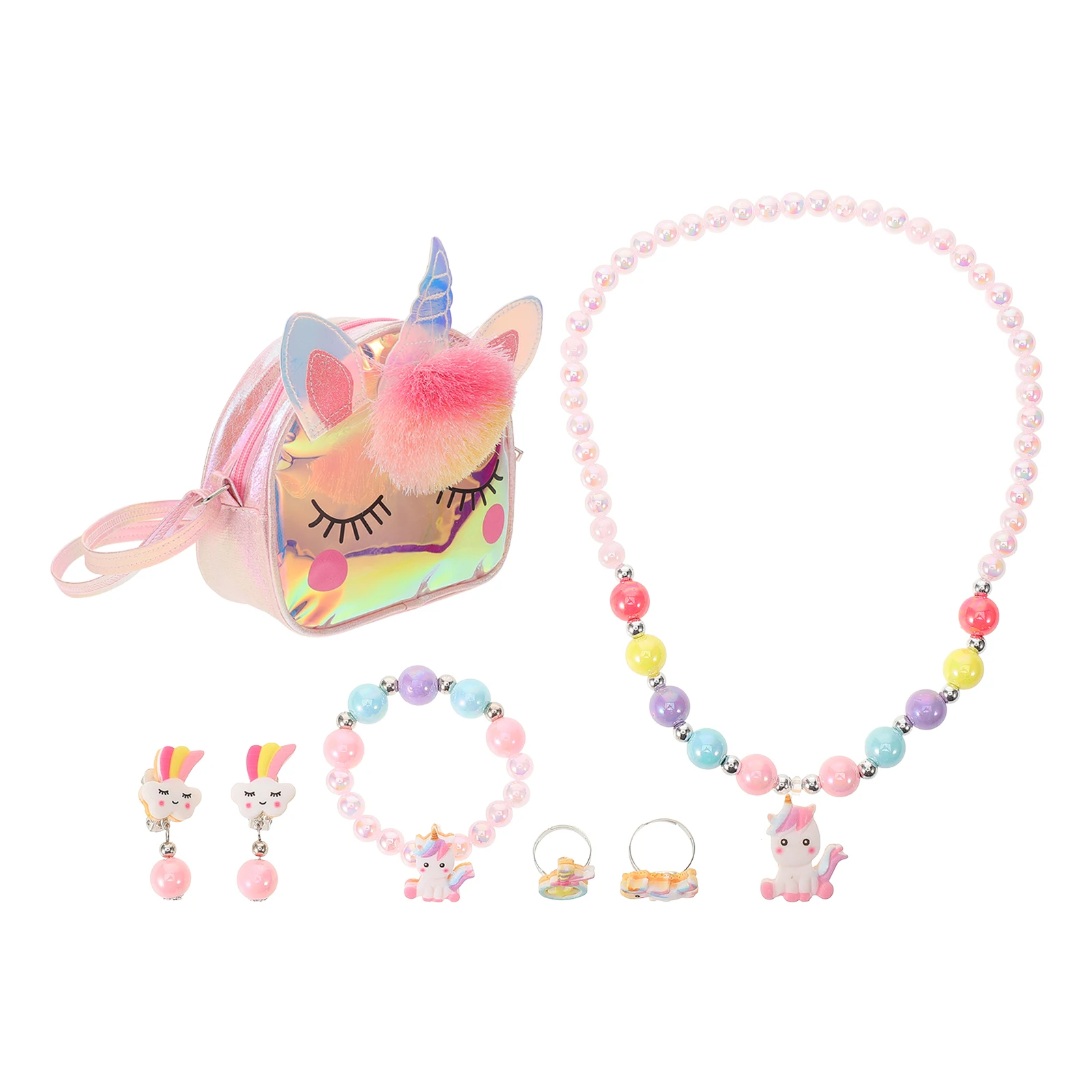 1 مجموعة أطفال طقم مجوهرات يونيكورن حقيبة كتف الكرتون الخرزة قلادة سوار حلقة القرط الفتيات طفل موضة متعة هدية