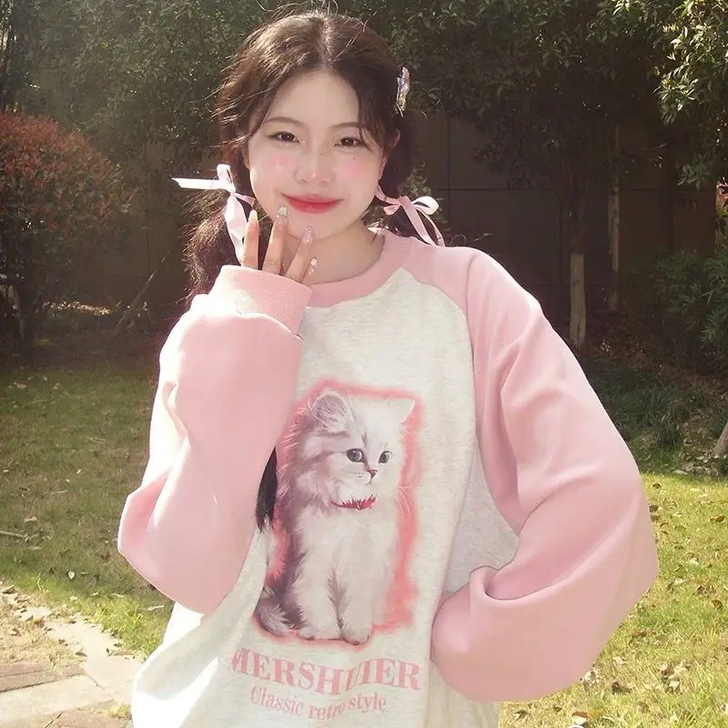 Sudaderas con capucha con estampado de gato de dibujos animados para mujer, Tops estéticos informales Y2k, sudaderas de gran tamaño Harajuku Grunge, Color contrastante, 2024