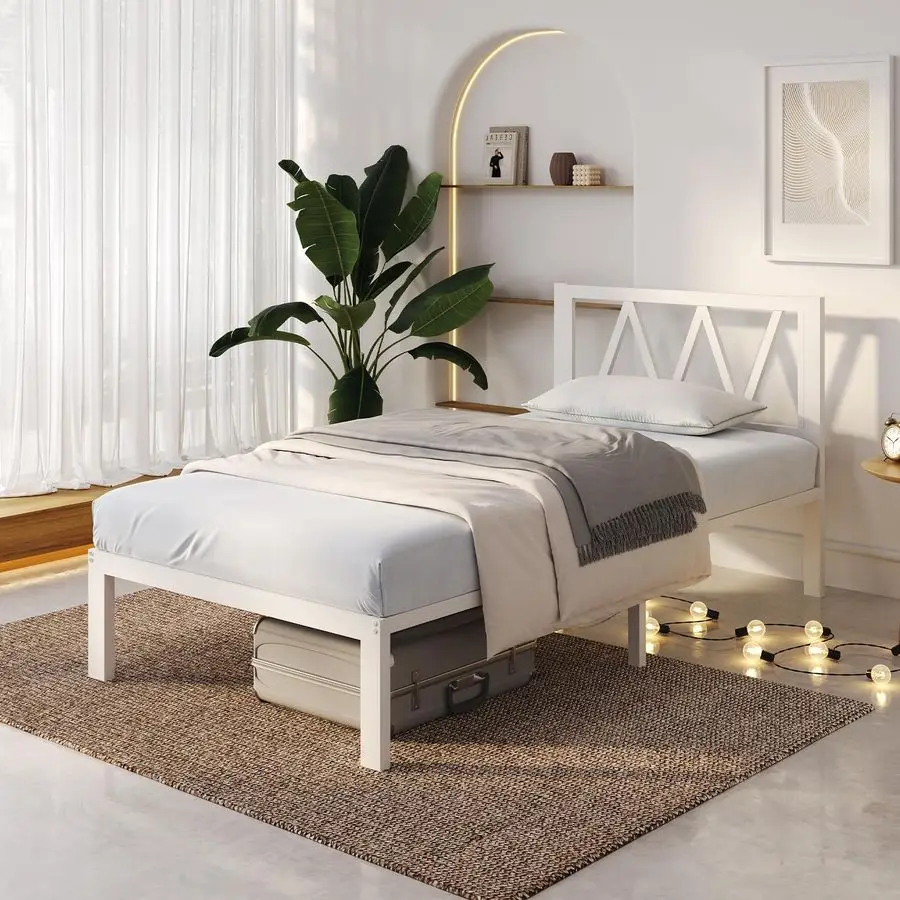 14 Inch Twin Bed Frame with Headboard, White Metal Platform Bed Frame, Twin Size Bed Frame No Box Spring Needed, Easy Assembly