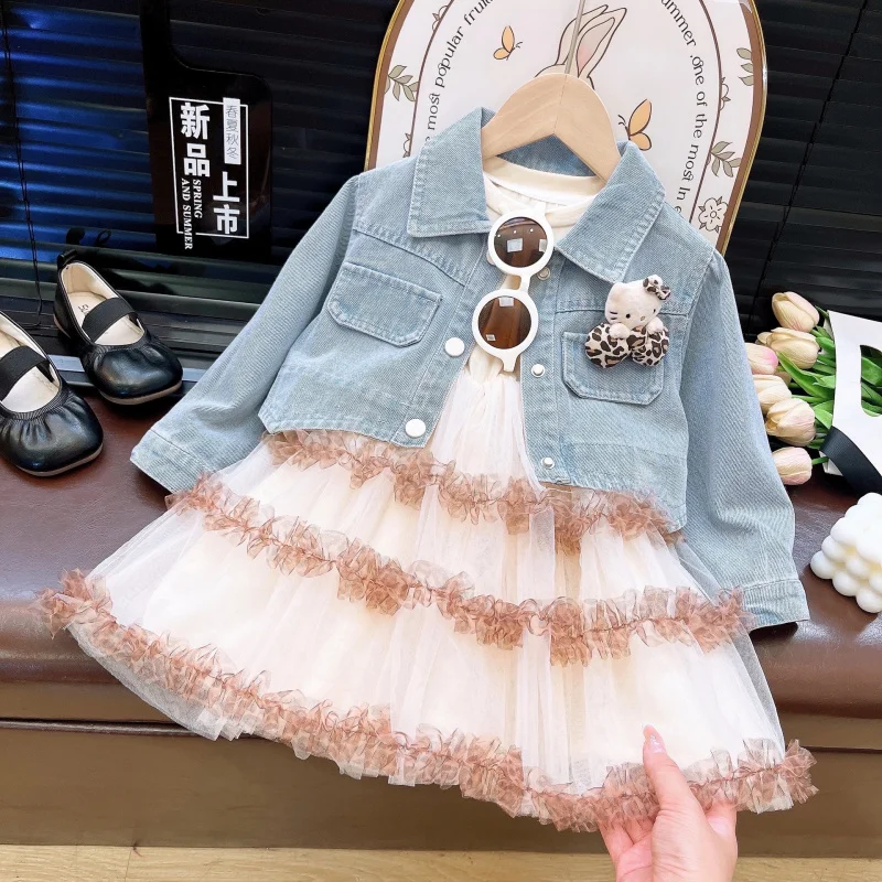 2025Autumn Girls Dress Set Fashion Denim Jacket Puffy Mesh Princess Dress with Doll Brooch
