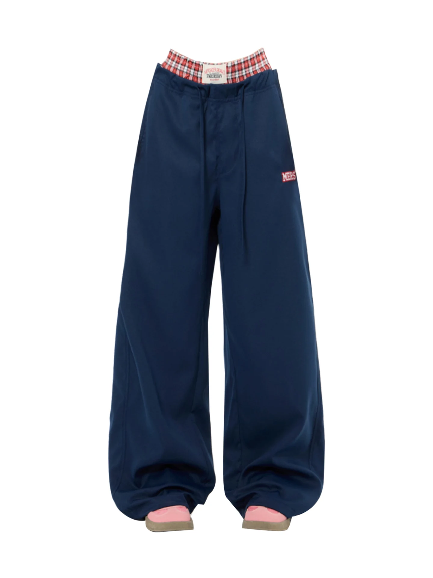 Pantalones informales Retro Spor para mujer, diseño de doble cintura con empalme a cuadros, pantalones de pierna recta de cintura alta, pantalones cómodos de ocio