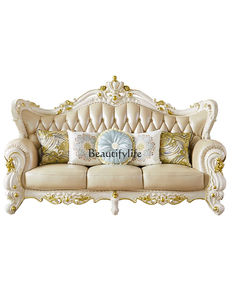 

European leather sofa size apartment solid wood carving flower whole house furniture