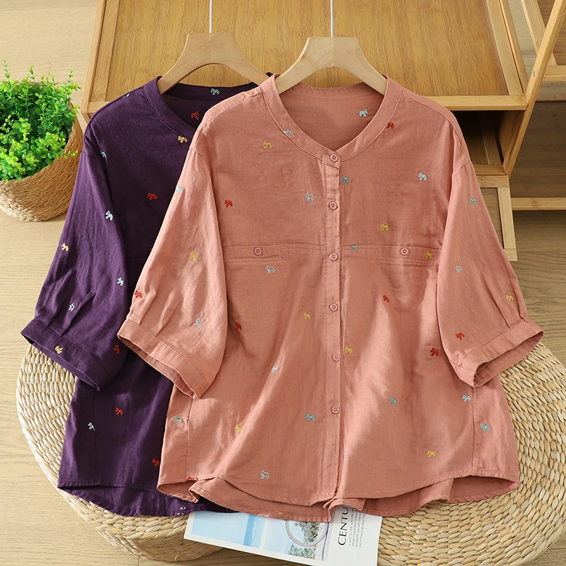 

Loose Fit Cotton Shirt Women Summer Breathable Short Sleeve Embroidered Top plus Size Double Layered Cotton Gauze Shirt