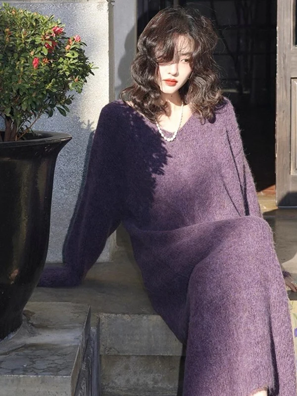 

plus Size Knitted Dr Women's Inner Wear Autumn Winter High Waist Vintage Loose Fit Long Skirt Cotton Blend V Ne Dr