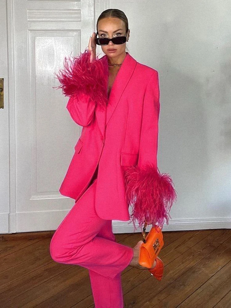 VC Sets For Women 2 Pieces Loose Office Outfit Hot Pink Feather Long Sleeve Blazer+ Trousers Suit Female Clothing