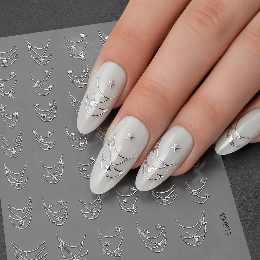 1Pc Celestial Silver Star Nail Sticker, Five-Pointed Star Pattern Nail Decal, Night Sky Manicure Nail Slider For DIY Projects