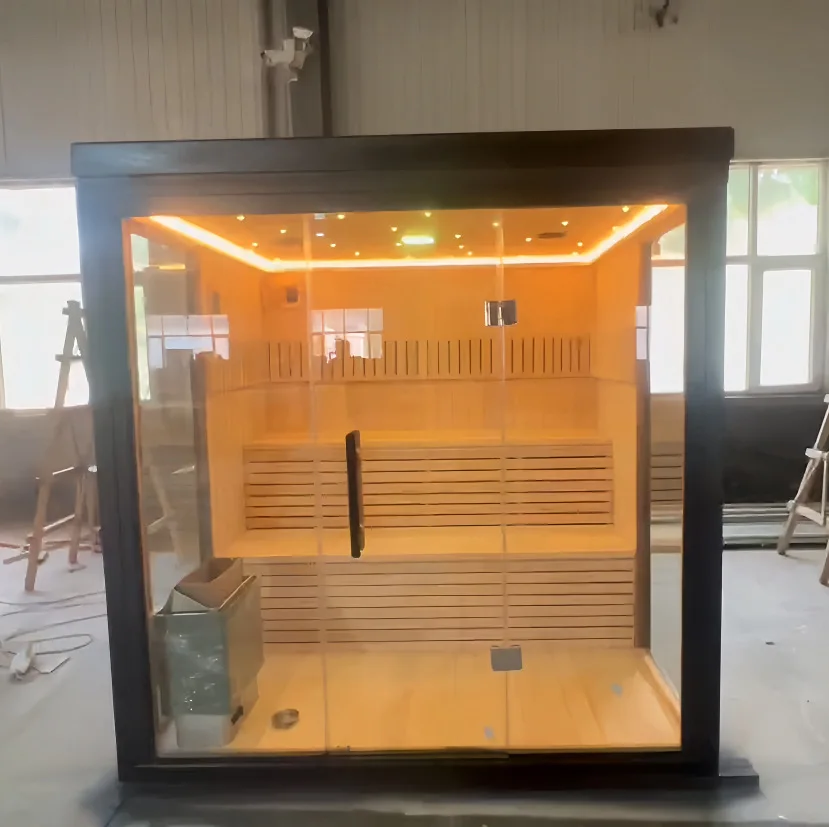 Custom Modern Outdoor Sauna with Panoramic Glass Doors and Home Spa Wood Finish for 5 People