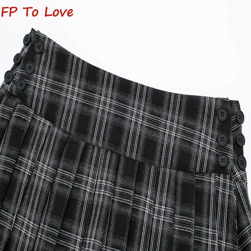 Y2K Plaid Vintage College Style High Waist A-Line Pleated Skirt Spice Girls Side Button Embellished Mini Skirt