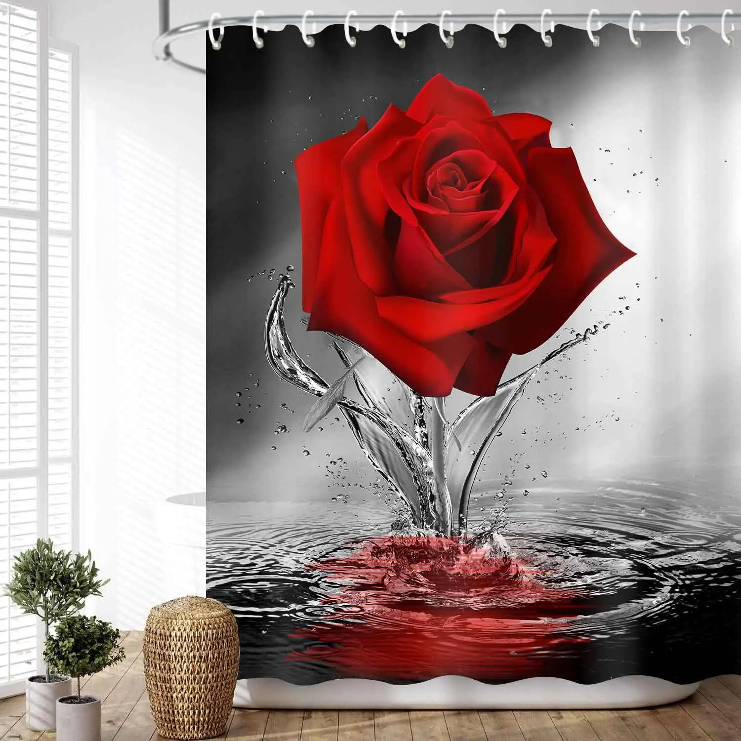 

Rose Shower Curtain Romantic Floral Blossom Red Rose Reflection on Water Black and Red Bathroom Decor with Hooks