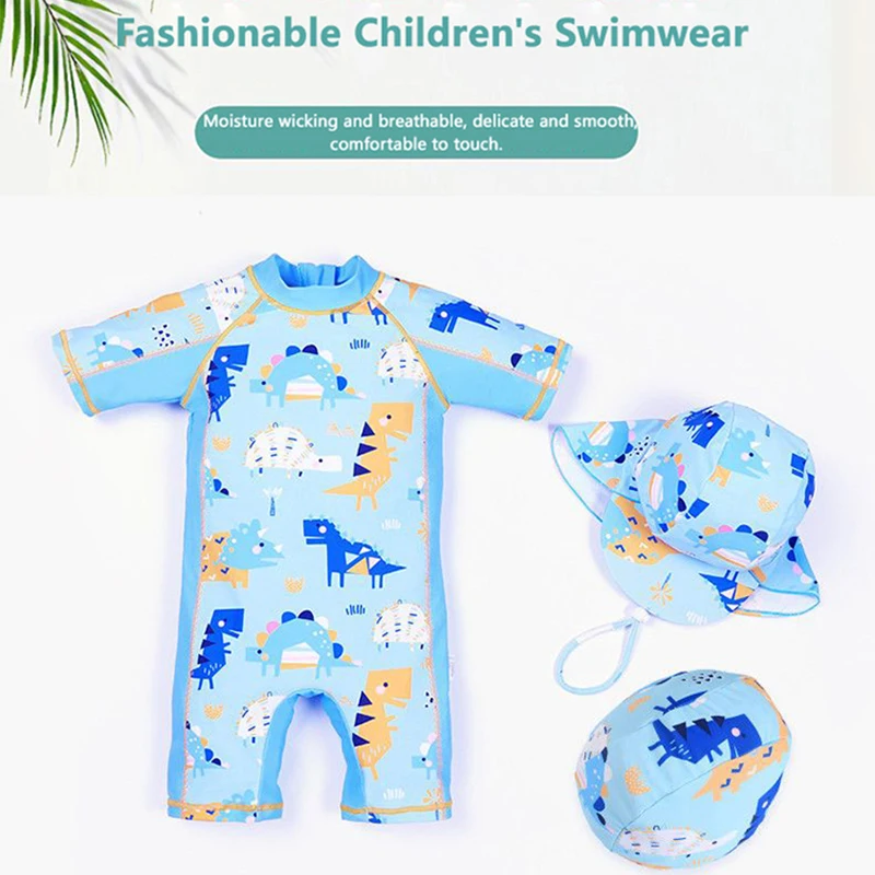 3pcs Boys\' One-Piece Swimsuit Rash Guard with Sun Hat Summer Toddler Sunscreen Quick Drying Surfing Hat UPF 50+