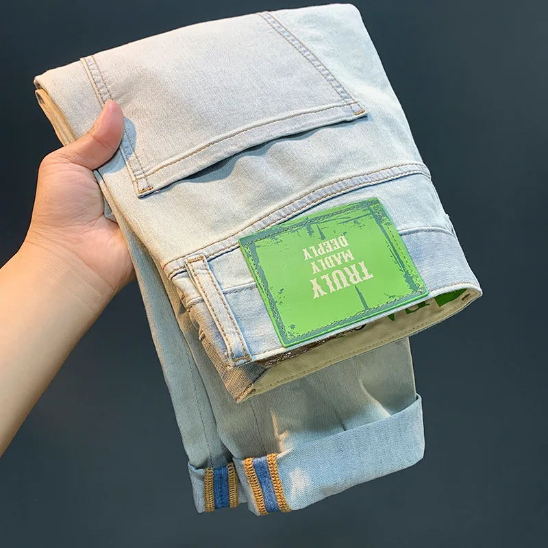 High-End All-Match Jeans Men's Summer Thin Trends Embroidered Slim Skinny Micro Loose Light Color Harem Fashion Pants