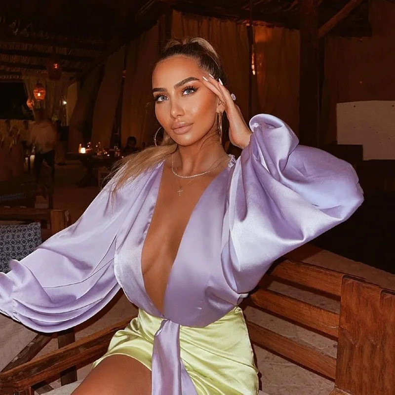 Damski zestaw na wiosnę i jesień: kombinezon z głębokim dekoltem w serek, długi rękaw, spódnica bodycon z wysokim stanem, seksowny styl hot girl.