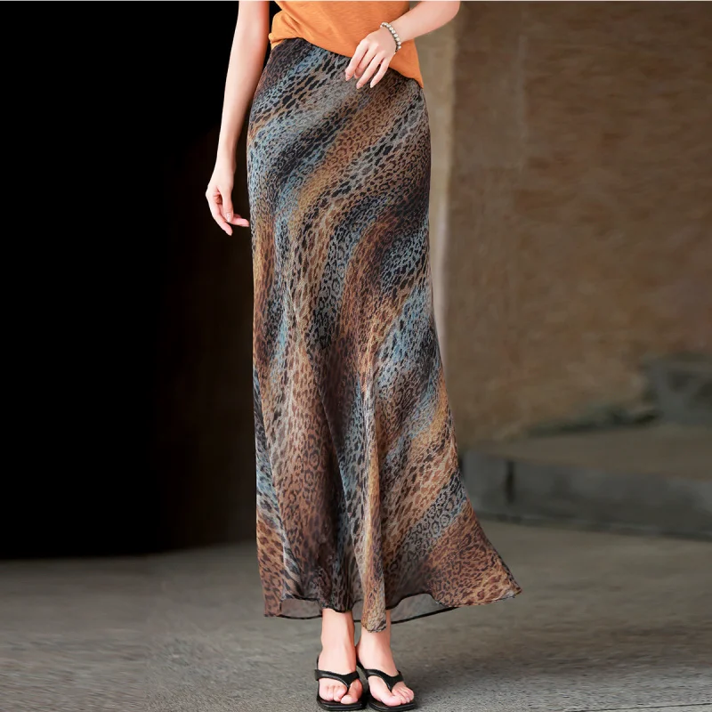 MEXCOCO 2026 New Summer French High Waist Gradient Leopard Print Light Chiffon Slim Flared Mermaid Maxi Skirt