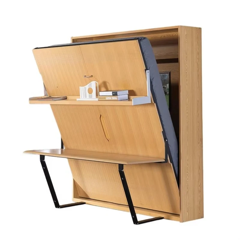 Cama plegable vertical multifuncional moderna de madera que ahorra espacio, con estructura oculta para empotrar en la pared
