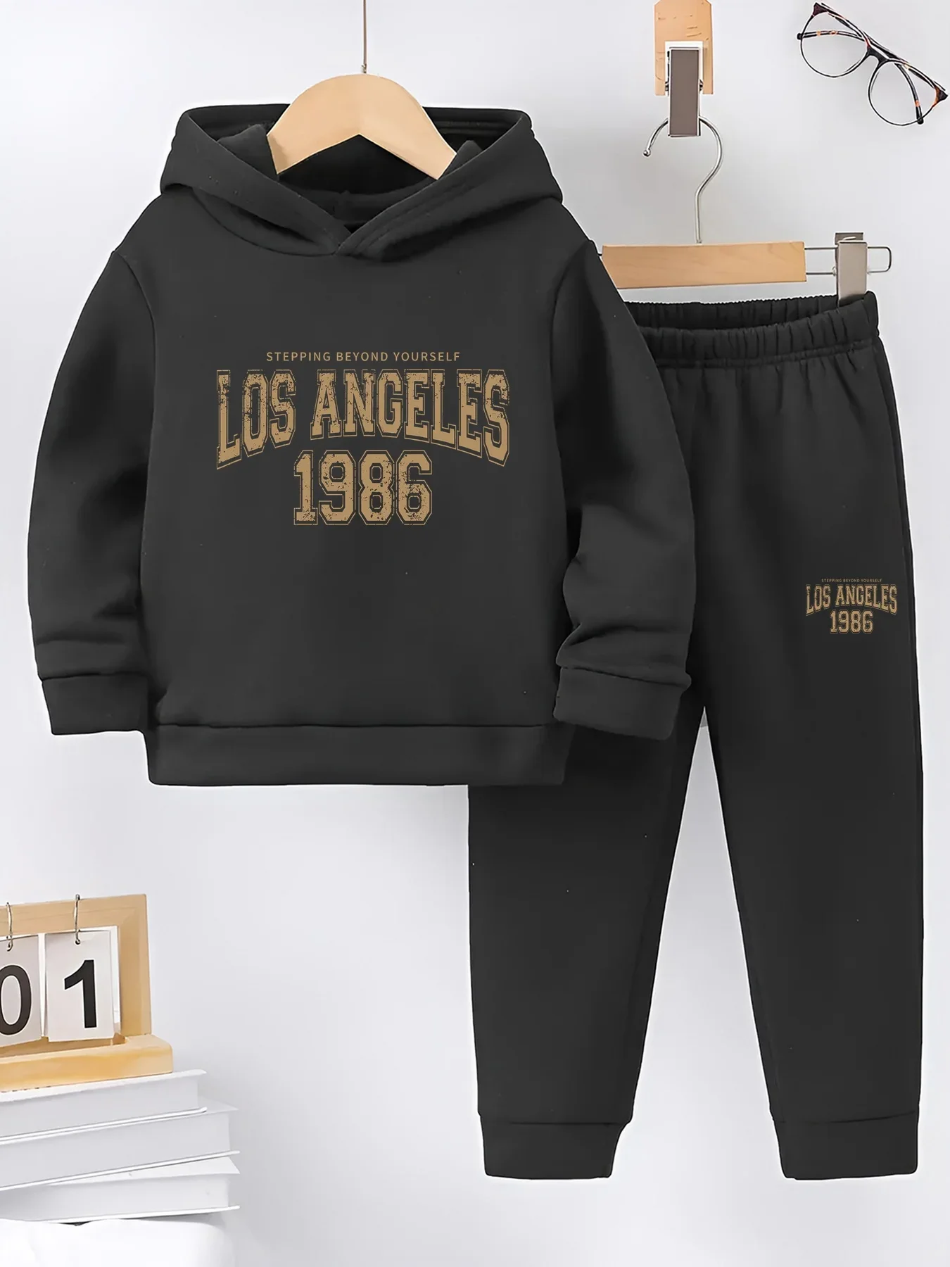 LOS ANGELES 1986 Pattern 2pcs Set New Thick Style Boys' Sweatshirt Long Sleeve Hoodie + Long Pants 2pcs Set for Toddlers